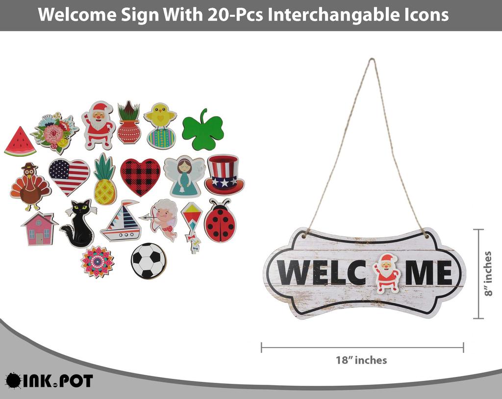 Inkdotpot Welcome Sign Front Door Decorations Hanging Rustic Wood Seasonal Holiday Ornaments Housewarming GiftWall Hanging 18" Inches