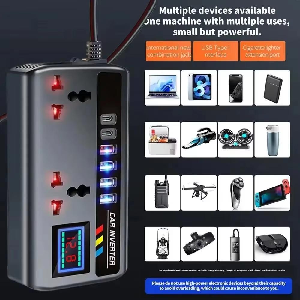 Colorful Flow Light Digital Display Car Truck 12V 24V 220V Inverter Converter Charging Cigarette Lighter Dual USB-A/C Ports