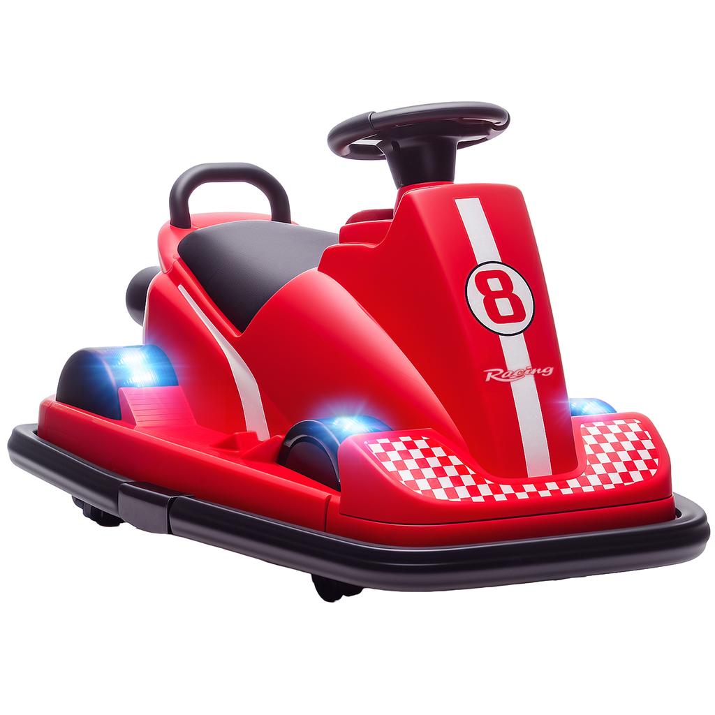Bumper cars for children, 360-degree rotation, steering wheel, LED lights, music function, ages 3-8, red