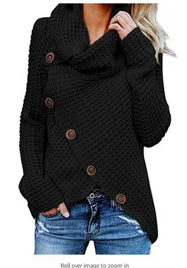 Women's Solid Color High Neck Long Sleeve Button Cardigan Sweater