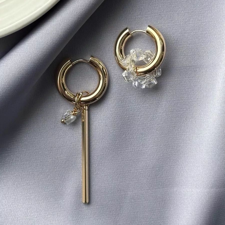 Geometric Long Asymmetrical Earrings Transparent White Square Crystal Bead Metal Jewelry