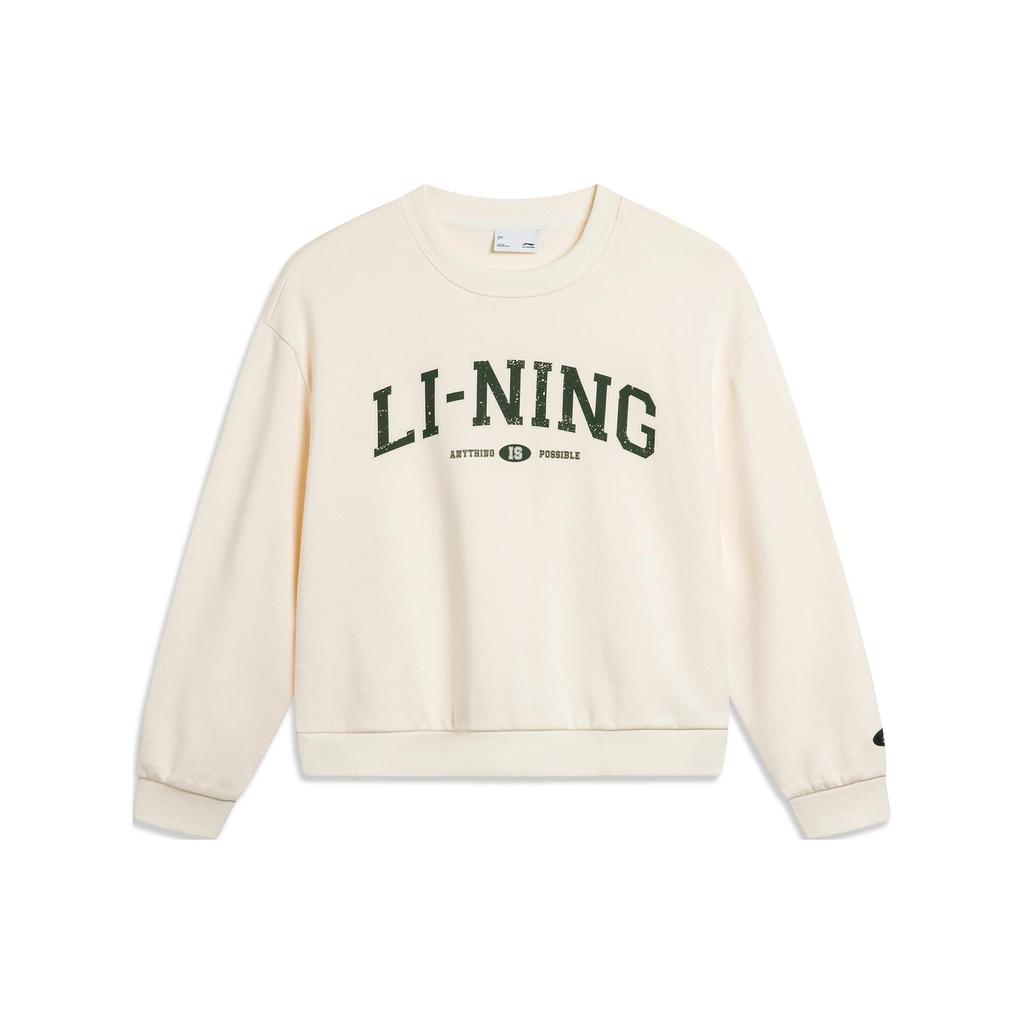 Li Ning Sports Lifestyle Series Letter Print Round Neck Loose Pullover Long Sleeve Sweatshirt Women Sweatshirt Off-White AWDU804-1