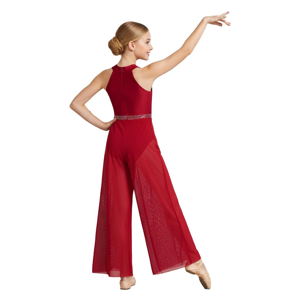 Girls Lyrical Dance Jumpsuit Sleeveless Invisible Zipper Back Shiny Rhinestone Ruched Mesh Bodysuit