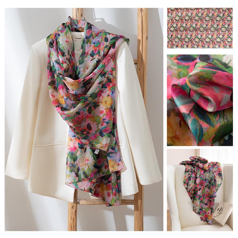 Длинные полосы шелкового шарфа  Высококлассный шарф из тутового шелка  Женский свежий маленький цветочный тонкий стиль  Атмосфера  Большая шаль
