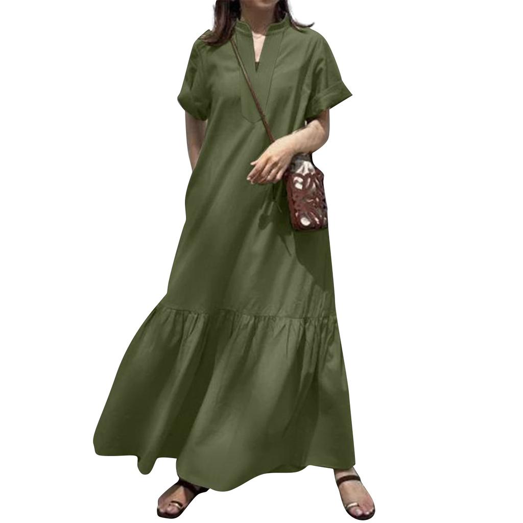 Женские платья с стойкой, коротким рукавом, V-образным вырезом, повседневные, свободные, с длинными рукавами, с А-силуэтом