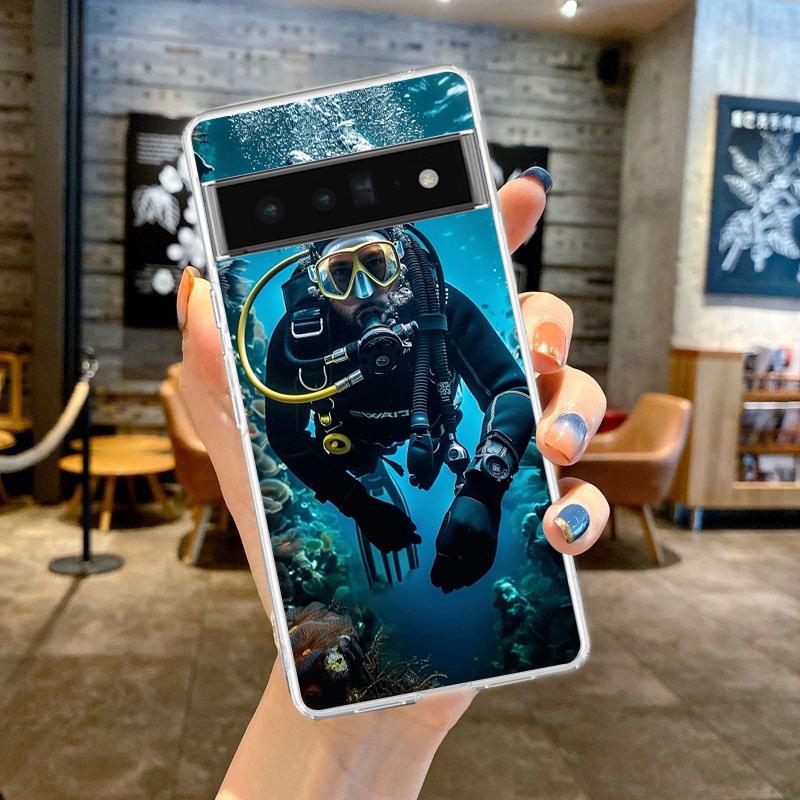 Phone Case For Google Pixel 9 8 7 6 9A 8A 7A 6A 5 4 5A 4A 3A Pro XL Soft Clear TPU Transparent Cover Diver Diving