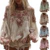 Women Tops V-Neck Lantern Long Sleeve Casual Loose Fit Shirt 3D Flower Pattern Casual Women Shirt Daily Wear