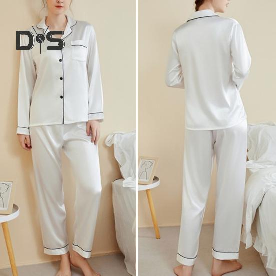 2 шт./комплект пижамный костюм атласный однобортный кардиган рубашка V-образный вырез воротник однотонная рубашка широкие свободные брюки ночная рубашка одежда для сна