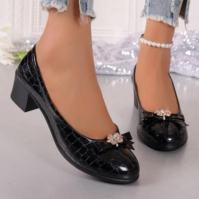 Мода 2025 Модные Слипоны Женские Туфли на Высоком Каблуке Круглый Носок Массивный Каблук Лодочки Бант Металлическая Отделка Мелкие Большие Размеры Офис и Карьера