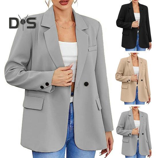 Women Fall Spring Suit Coat Formal Business Style Button Closure Cardigan Solid Color Plus Size Loose Lapel Long Sleeve Pockets OL Commute Jacket