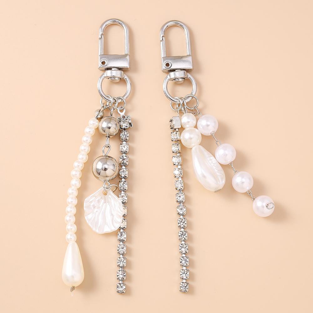 Pretty Pearl Shell Keychain Women Girls Rhinestones Beads Key Ring Pendants for Handbag Decor DIY Key Chain Jewelry Gifts