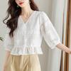 Cotton Embroidered Short Sleeve Shirt For Petite Women With V Neck And Floral Design
