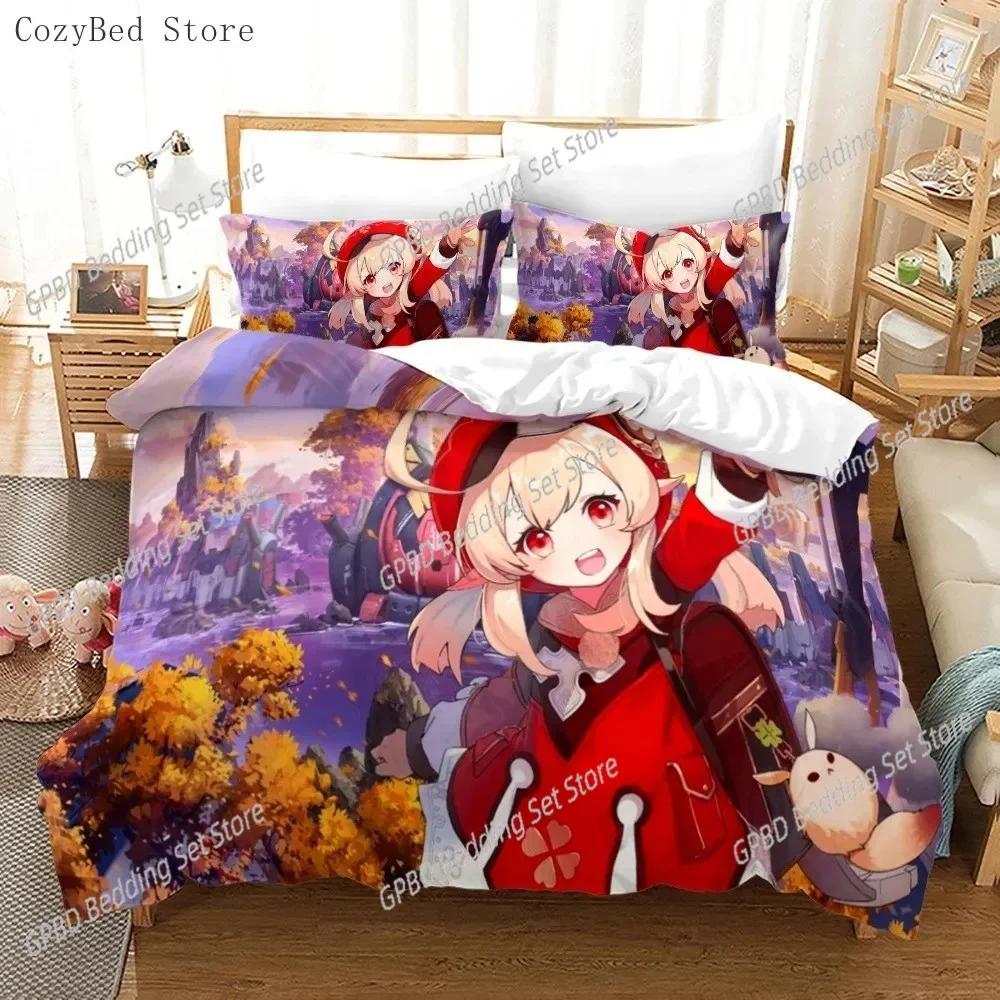 Genshin Impact Bedding Set Cartoon Anime Duvet Cover Single Double Size Boys Luxury 3D Bed Linen Decor Home