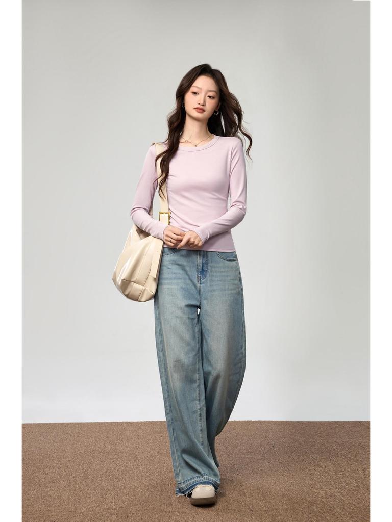 Женская футболка с длинным рукавом Осень 2025: Гребенной хлопок, Универсальный дизайн с открытой строчкой, Простой круглый вырез.