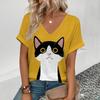 New Summer Women Fashion T-Shirt Funny Cat Graphic V-Neck Tops Tees Female Outdoor Short Sleeve Clothing Lady Vintage Outfit