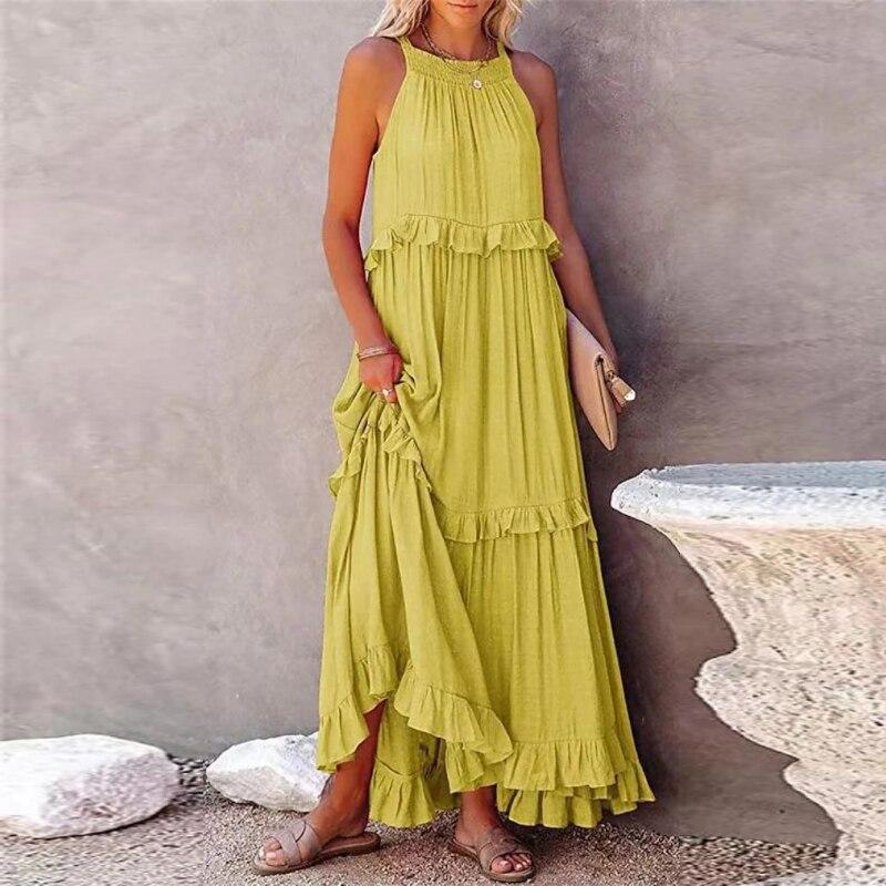 Женское длинное платье с милыми оборками, лето 2023, однотонное платье для отдыха в пляжном стиле, платья без рукавов с круглым воротником 26204