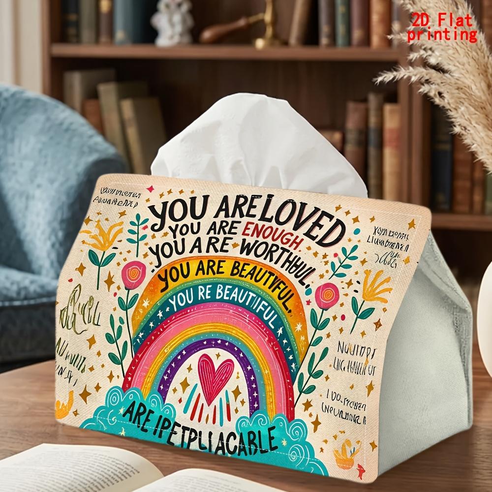 2D Flat 1pc, Tissue Box. Rainbow, Flower, Heart, Motivational Quote Patterned Tissue Dispenser Box, Reusable, Daily Desktop Tissue Storage Box, Suitab