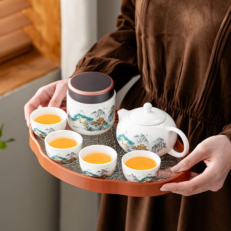 Creative leather bag ceramic gift box, household high-end white porcelain Kung Fu tea set, souvenir gift, enterprise annual meeting