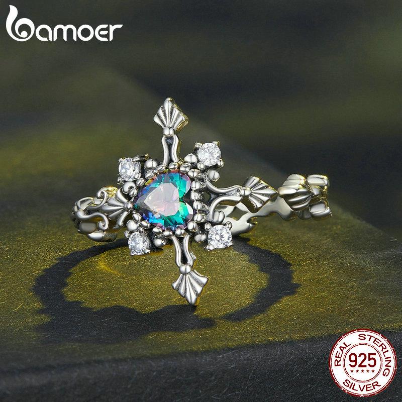 BAMOER, классическое кольцо из стерлингового серебра 925 пробы с крестом, регулируемое кольцо в стиле ретро с сердечком и цирконом для женщин, вечерние ювелирные изделия