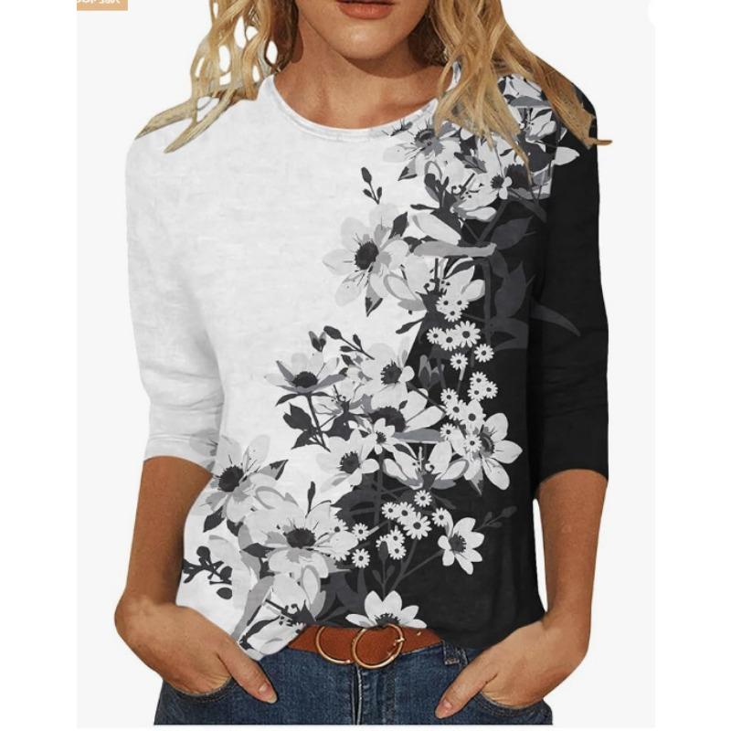 Летняя футболка-пуловер с круглым вырезом и цифровым принтом 3D с рукавами три четверти