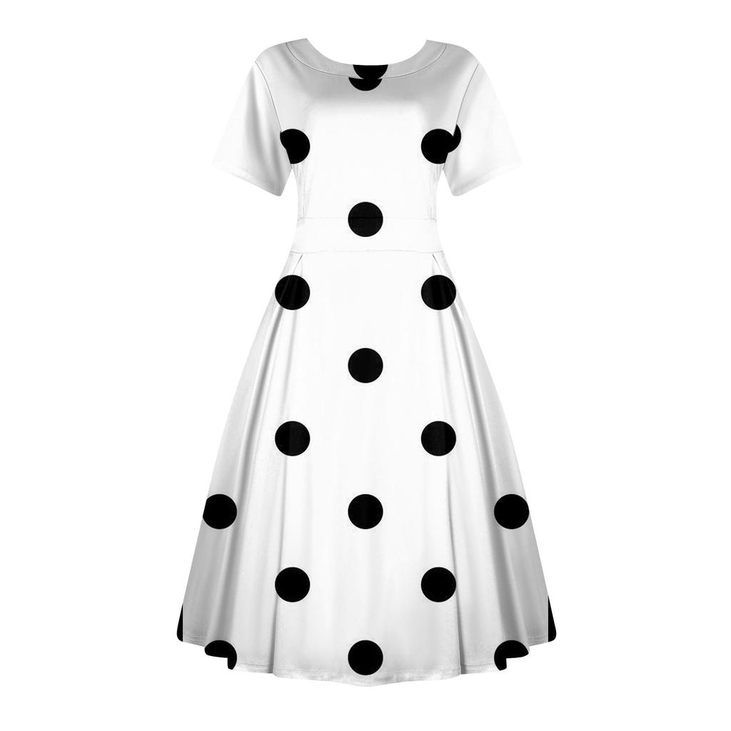 Women's Casual Fashion Dress Vintage Sunflower Printed Round Short Sleeve Waisted Midi Long Big Swing Dresses