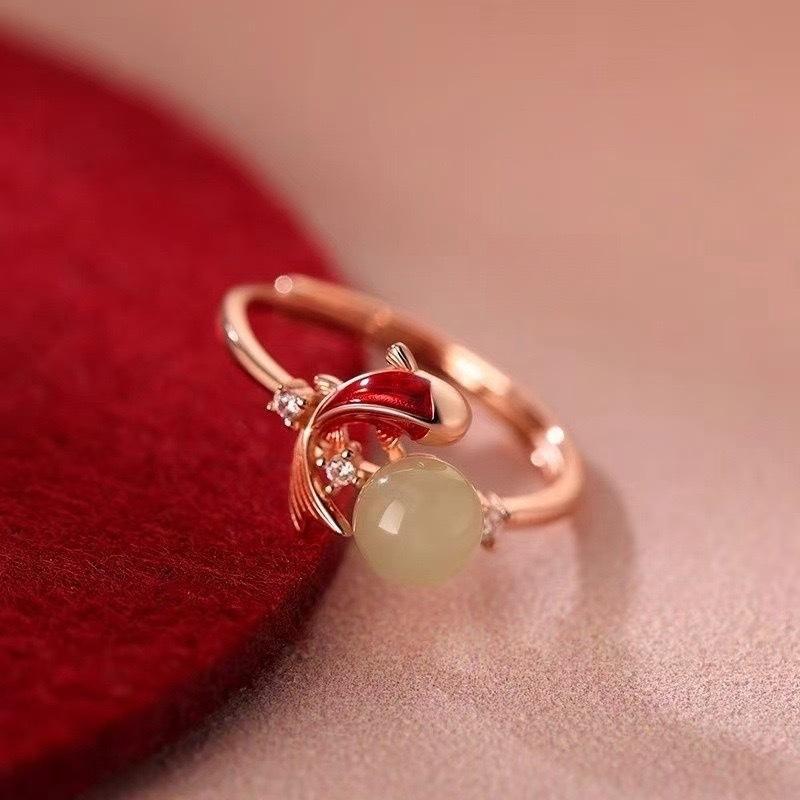 Нефритовое кольцо Кои Женское Легкая Роскошь Нишевый Премиальный Сенс Новый Китайский Вегетарианское Кольцо Кольцо на Указательный Палец Покрытие Французским Процессом