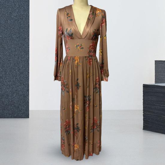 Spring Fall Dress V Neck Digital Floral Print Pleated A-line Maxi Dress Long