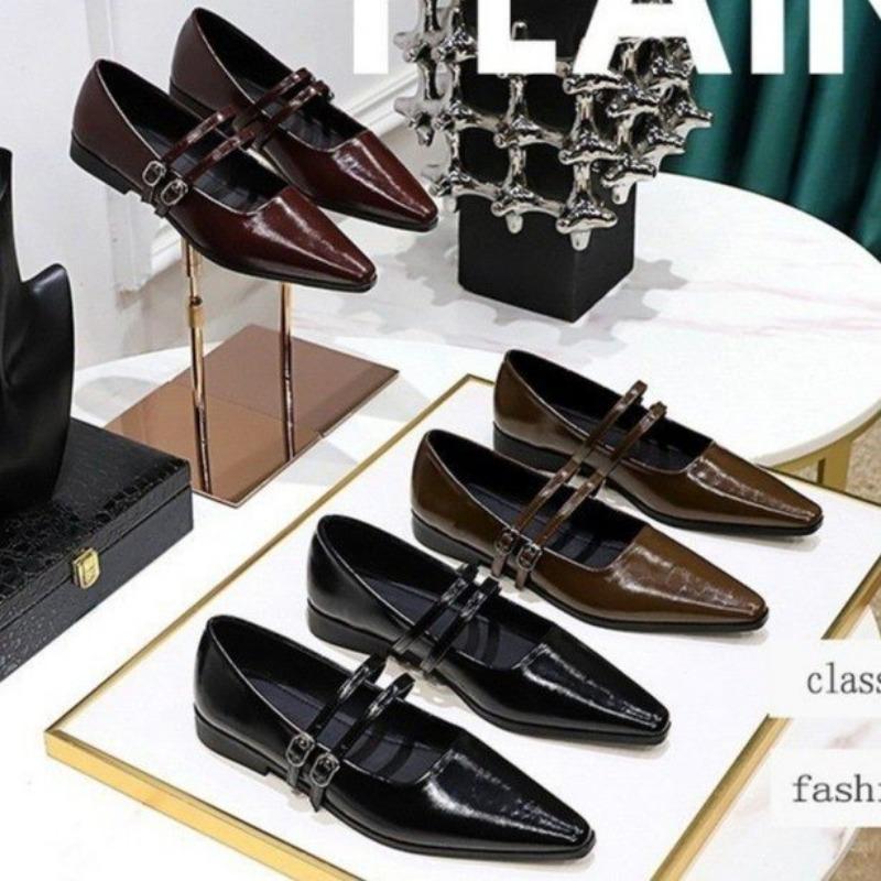 Туфли Мэри Джейн с острым носком, модные туфли с мелкой пряжкой, женские повседневные туфли на низком каблуке из кожи