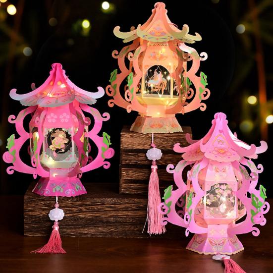Handmade Chinese Traditional Lantern Kit Handcrafted Handheld 3D Hollow Chinese Palace Lantern with Lotus Tassel for Spring Festival Decoration