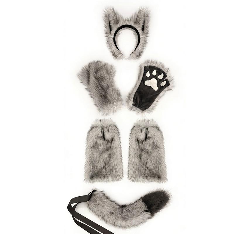 Halloween Werewolf Cosplay Set: Plush Wolf Ears Headband Tail Gloves Leg Warmers - 6pcs Costume Accessory Kit