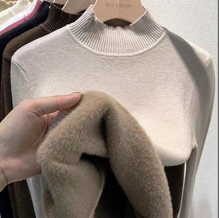 Женский флисовый трикотажный топ: Полувысокий воротник, плюс бархат, плотный, универсальный базовый слой для осени/зимы.