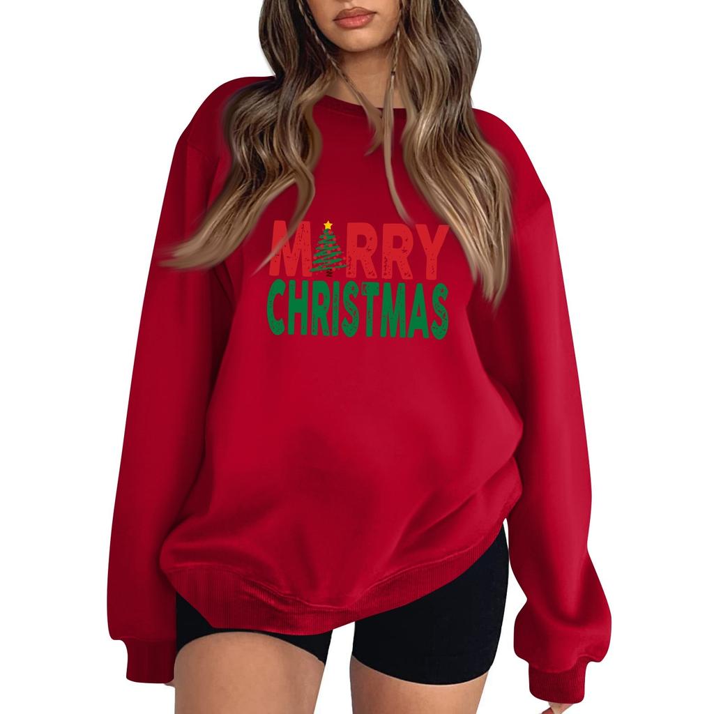Women's Casual Fashion Christmas Print Long Sleeve O-Neck Sweatshirts Pullover Top