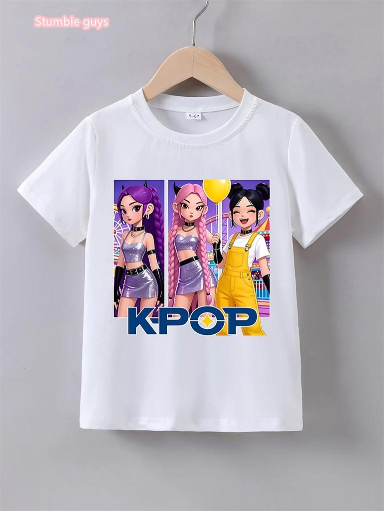 Summer Casual Kids Kpop TShirt Girls Cute Anime Print Short Sleeve Anime Clothes Soft Cartton Tee Tops Girls Daily Outdoor Wear