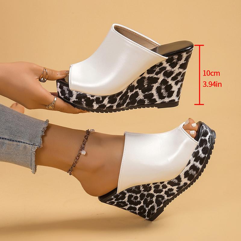 Fashion Leopard Print Wedge Sandals for Women Retro Slip On Platform High Heel Sandals Woman Summer Thick Sole Peep Toe Mules Slippers