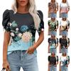 Women Casual Puff Short Sleeve Tops Fashion Round Neck Print Tunic Shirts Summer Clothes