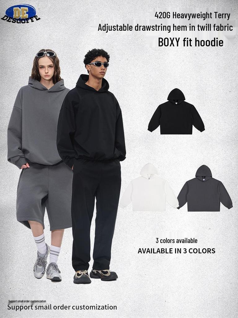 DE Men's Moleskin Twill Hoodie: Boxy Short Wide 420G Sweatshirt with Adjustable Hem Drawstring, American Style