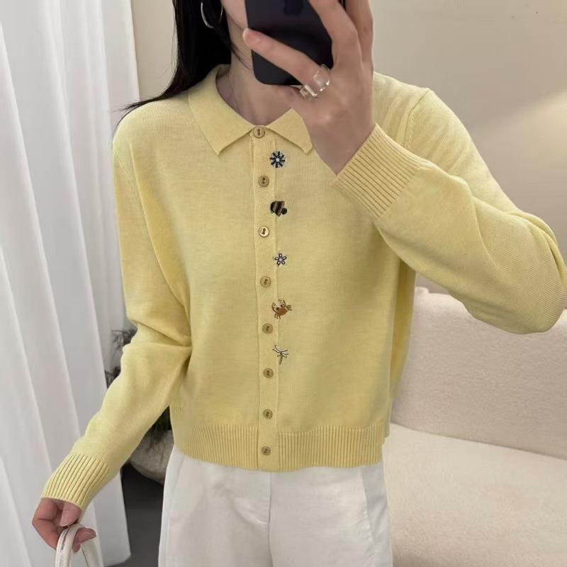 Women S Spring Polo Collar Knit Cardigan Sweater Versatile Basic Outerwear