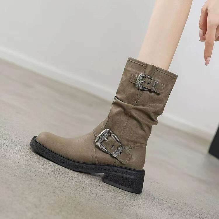 Women Fashion Boots Pleated Mid-calf Boots Platform Heels Autumn Cow Suede Women Boots Square Toe Chunky Heels Boots for