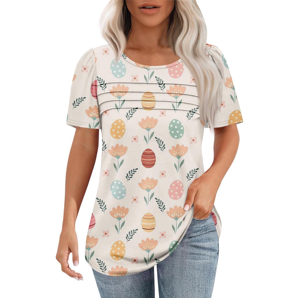 Ladies' Fashionable Printed Round Neck Pleated Short Sleeved Shirt