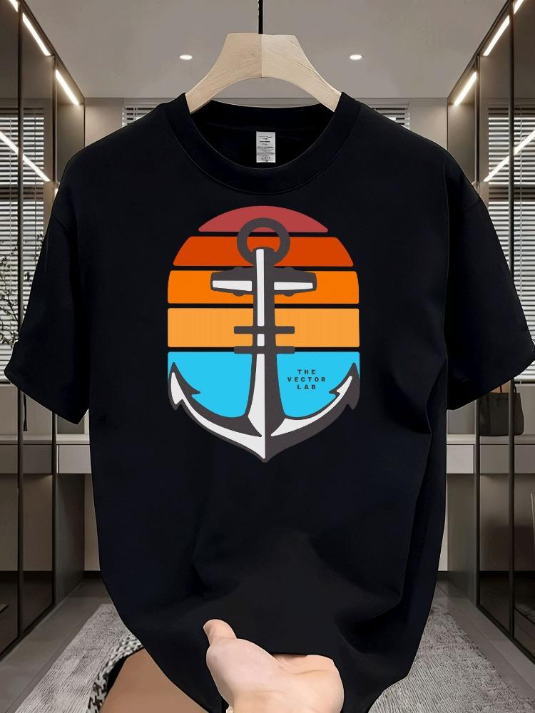 Unisexs Summer Cotton T Shirt Retro Sunset Anchor Print Short Sleeve Crew Neck Casual Nautical Graphic Daily Streetwear Loose Tops