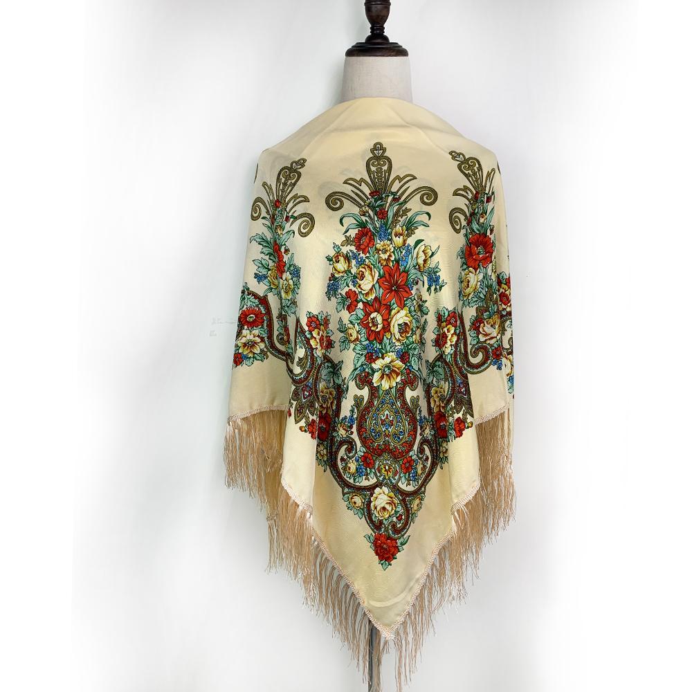 130*130Cm Luxury Floral Print Russian Square Scarf Women Fringed Bandana Scarves Pareo Lady Headband Scarves Babushka Head Wraps