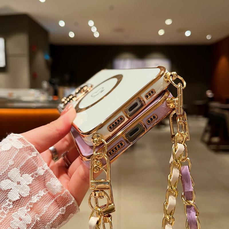 Для iPhone 17 16 Pro 15 14 Pro Max 13 Samsung S25 S24 Ultra S23 FE S22 S21 Чехол с гальваническим покрытием в виде сердца любви Для Magsafe Магнитный чехол для телефона с веревкой через плечо