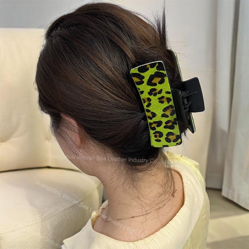 Horsehair Leather American Cow Boy Style Hair Claws Fashion Leopard Pattern Retro Rectangle Hair Clips