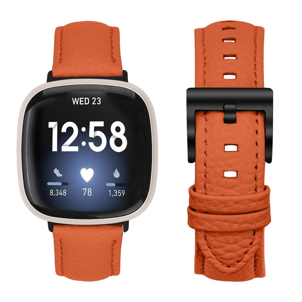 Litchi Textured Genuine Cow Leather Strap with Electroplated Buckle for Fitbit Versa 3/Sense Pointed-End Watch Band