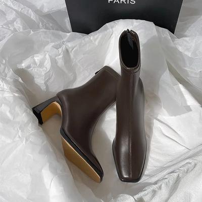 Коричневые женские ботильоны на высоком каблуке осень-зима новые замшевые толстые французские ботильоны на молнии эластичные квадратные тонкие ботинки