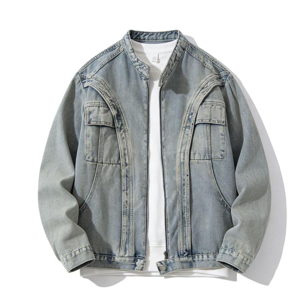 Men's Casual Trendy Distressed Denim Jacket with Loose Fit and Padded Shoulders