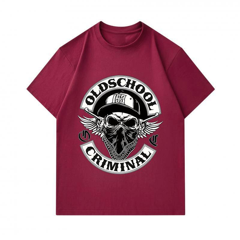 Men's 100% Cotton Crew Neck Short Sleeve T-shirt, Old School Criminal Skull Pattern Casual Streetwear Breathable Top for Daily Wear