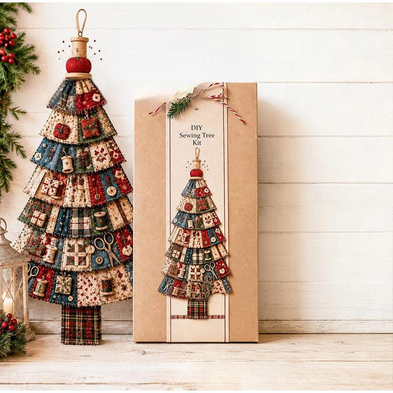 DIY Patchwork Christmas Tree Kit, Farmhouse Fabric Xmas Wall Hanging Ornament Craft Set, Complete Sewing Material Kit for Gifts