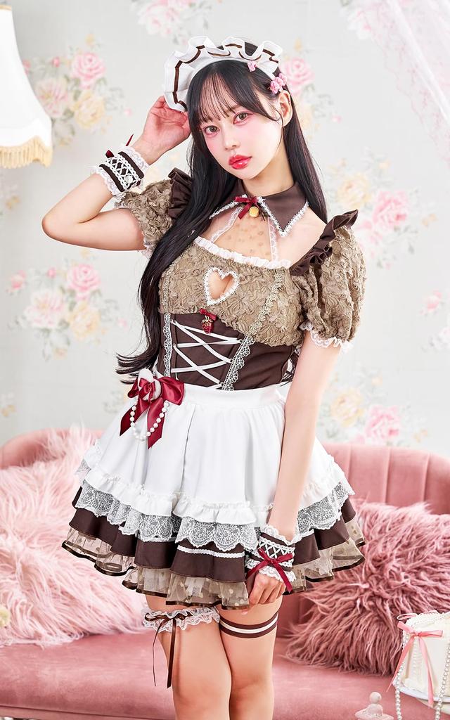Косплей горничная официантка экономка Валентайн Браун коричневый ленточный костюм маскировка Мари Мун 11 предметов набор 10211 [Malymoon] (коричневый)