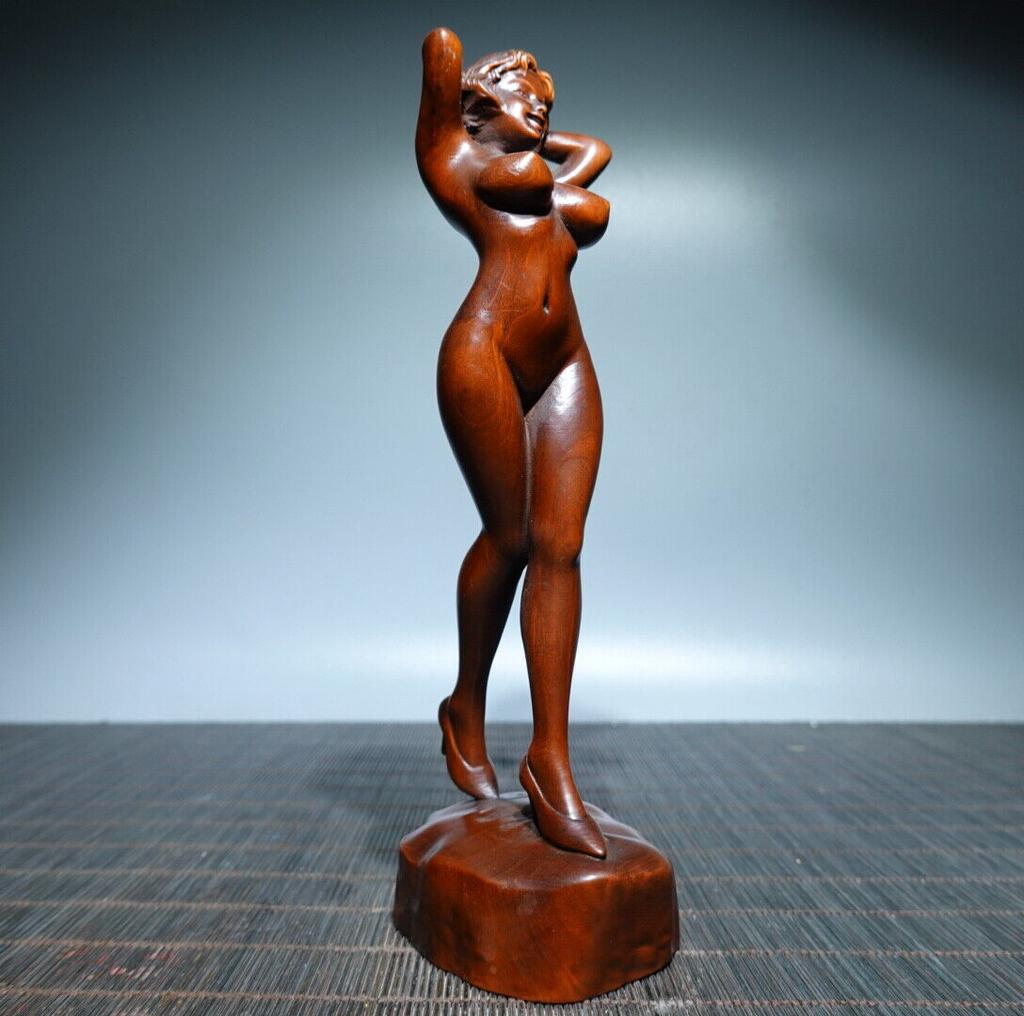 Chinese Boxwood Wood Carving Sexy Beautiful Woman Statue Wooden Sculpture Decor